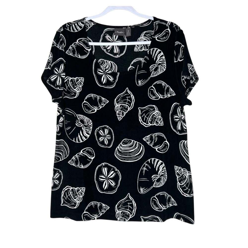 Chico's Travelers Top L Black White Sand Dollar Seashell Coastal Grandma Blouse